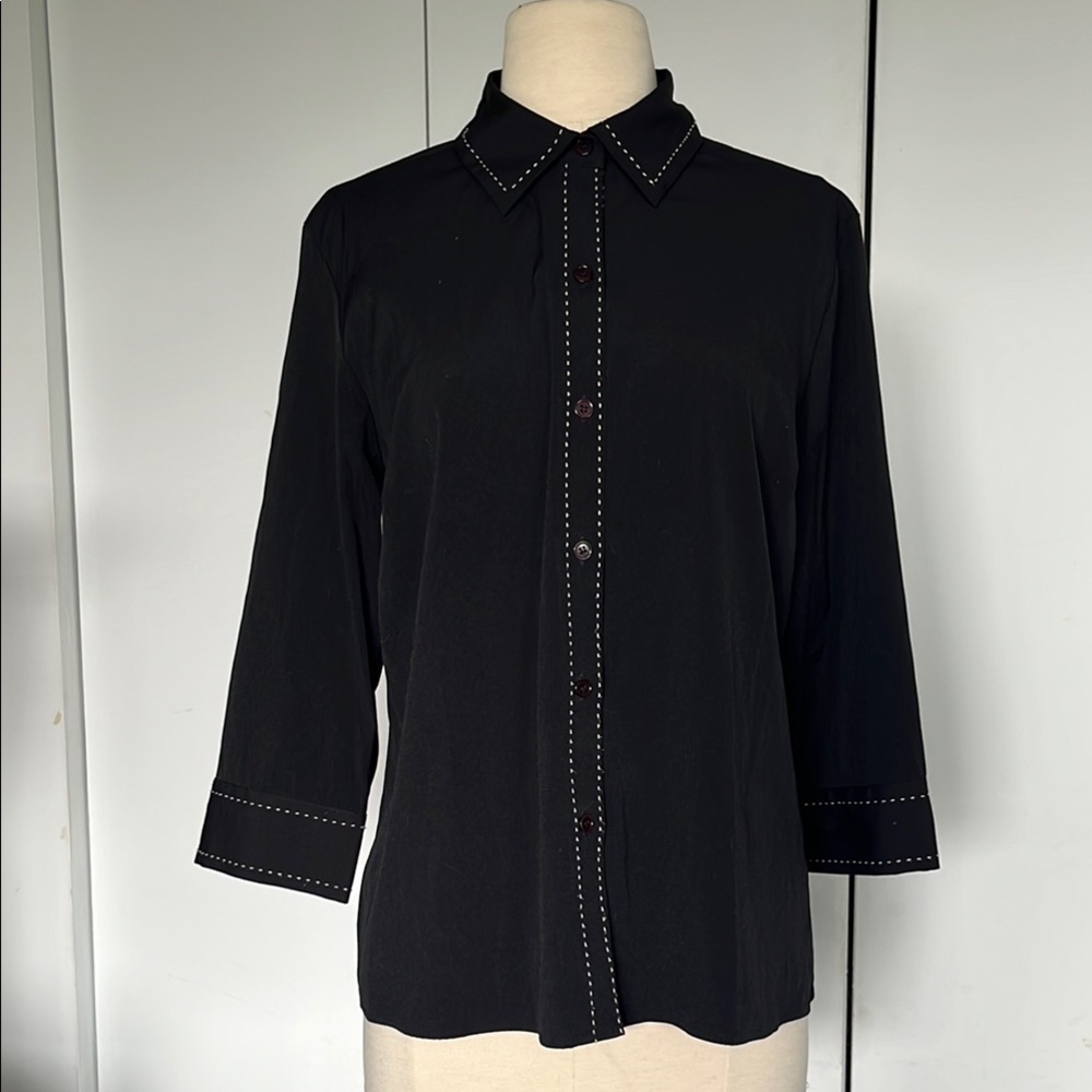 Black Button-Up Shirt with White Stitching